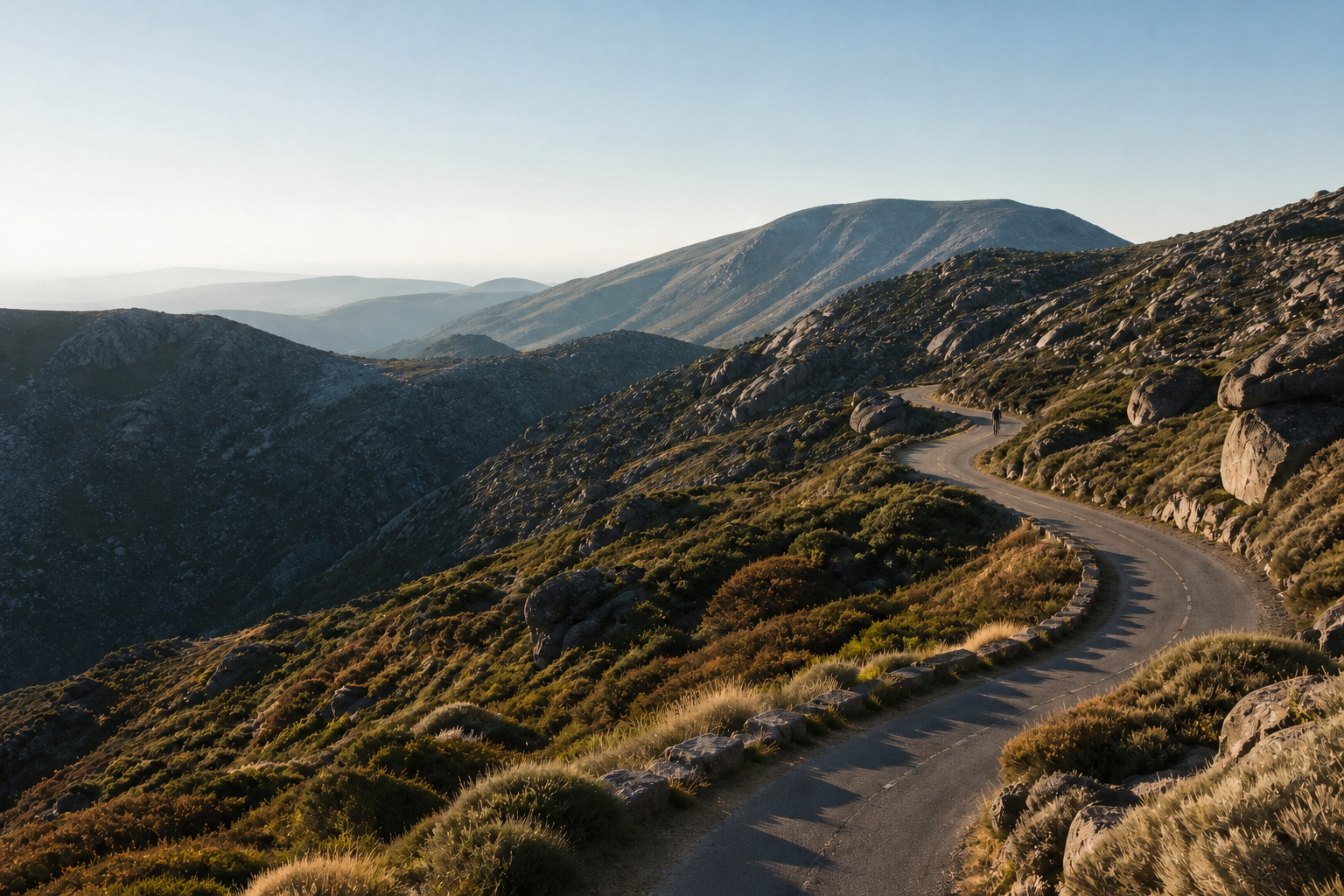 A solitary cyclist on a mountain road through Serra da Estrela in Portugal